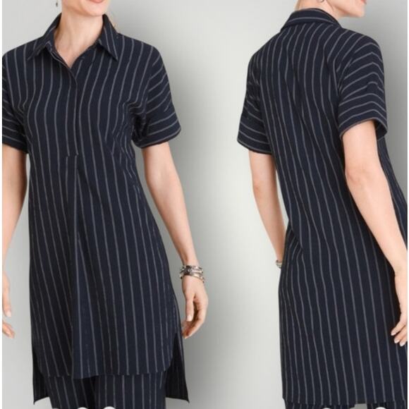 Chico’s Travlers Blouse Tunic Women’s 1(8/10) Navy Blue Strip Collard Button - Picture 2 of 8